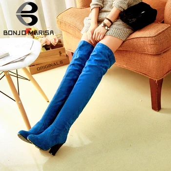 

BONJOMARISA Classic Ladies Elegant Flock Long Sexy Street Knee High Boots Women High Heels Shoes Woman