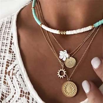 

Bohemian Polymer Clay Choker Gold Color Sun Flower Pendant Layered Necklace For Women Collier Jewelry