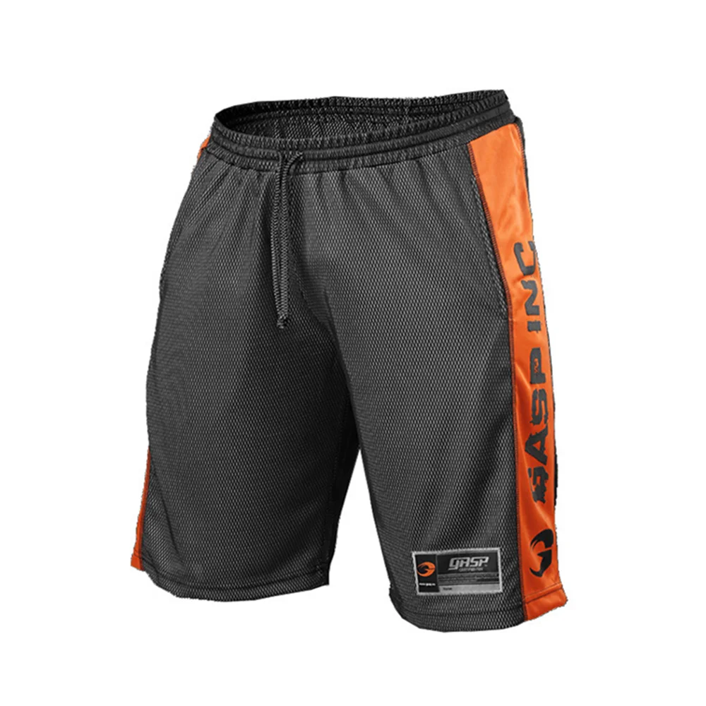 grey orange Мужские шорты для фитнеса бодибилдинга, мужские летние спортивные костюмы для тренировок, дышащая сетка, быстросохнущая Спортивная одежда для бега, пляжные шорты - Цвет: grey orange