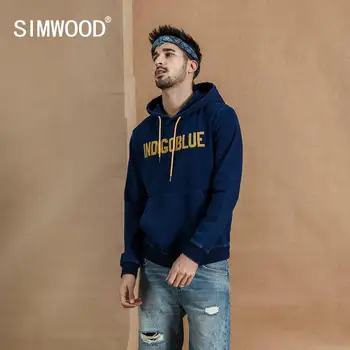 

SIMWOOD 2020 spring winter new indigo wash hoodies fashion letter print vintage sweatshirt hip hop streetwear hoodie 190396