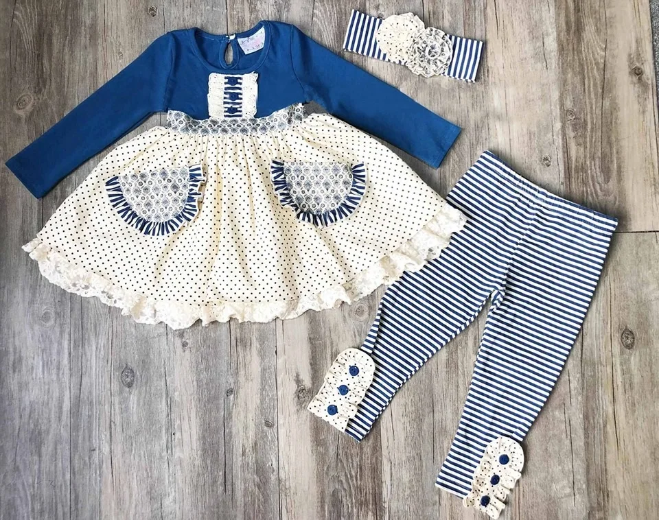 

Remake Blue Cute Flowers Pattern Baby Remake Boutique Cotton Girl Clothing Top Match Pants Clothing WITH HEADBAND 2GK908-1426