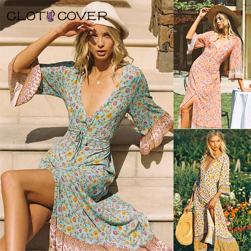 Women Spring Summer Floral Print Long Cardigan Dress Elegant Beach Belt Sexy V-Neck Appearance Maxi Bohemian | Женская одежда