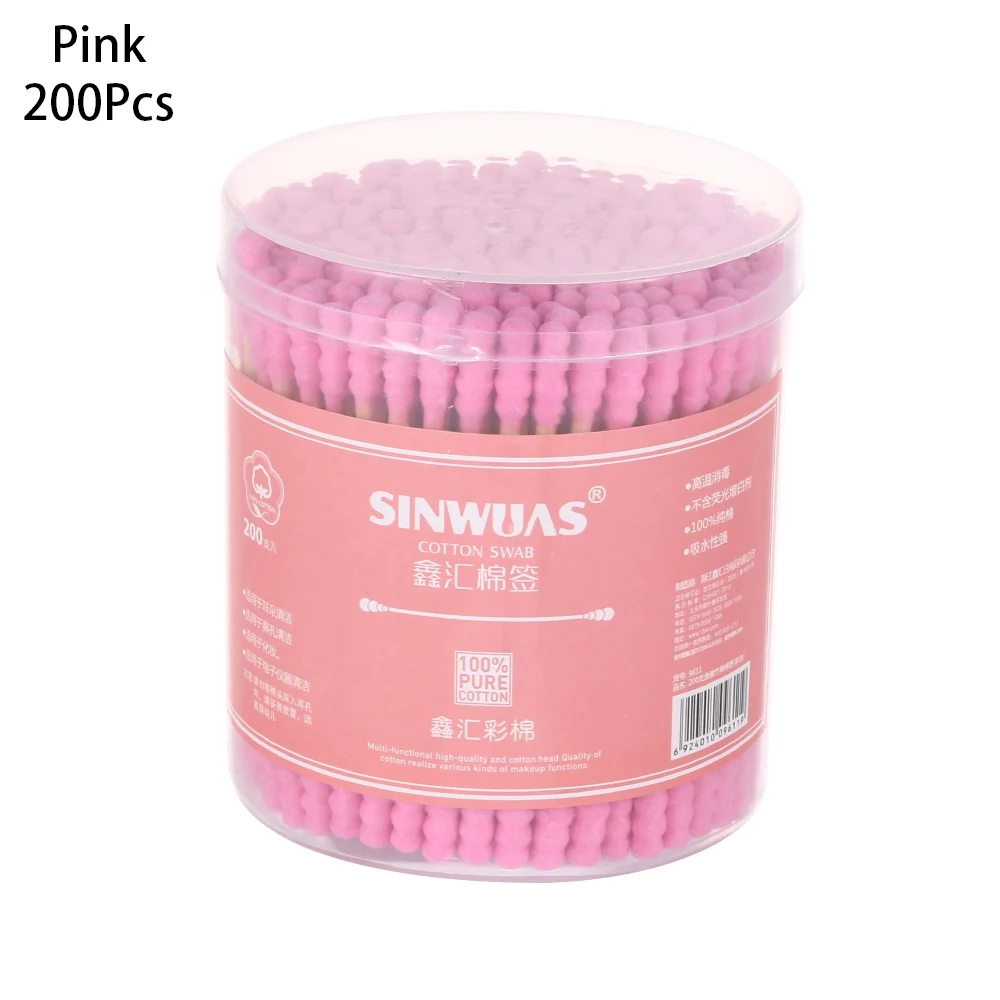 200 Pcs pink 1 комплект одноразовые двойные головки хлопок Чистка ушей носа кончик палочки деревянные советы Аппликатор макияж чистые инструменты - Цвет: 200 Pcs pink