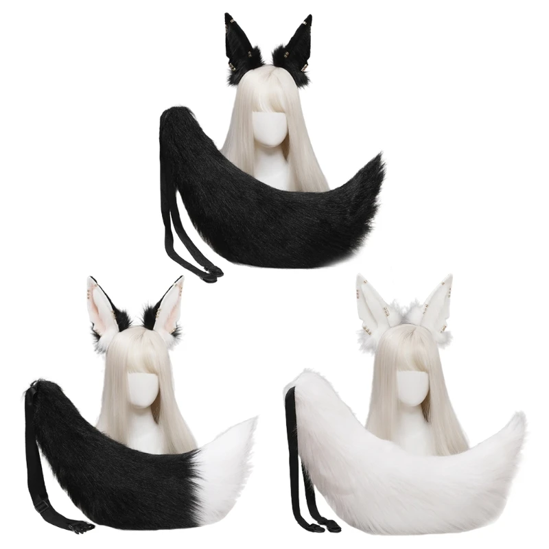 

Y1QD Animal Wolf Ears Headdress Tail Set Plush Handmade Costume Set Anime for Halloween Christmas Cosplay Accessories