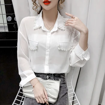 

COIGARSAM Chiffon Shirt Womens tops New Spring Pearl Women shirts White Black 6941