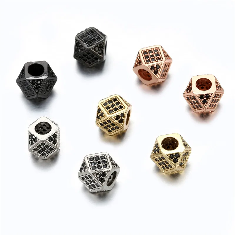 Charms Beads Metal Copper Micro Pave CZ Geometry Crown Leopard Helmet Skull Round Space Charms Beads 3Pcs/Lot For Jewelry DIY Bracelet Making