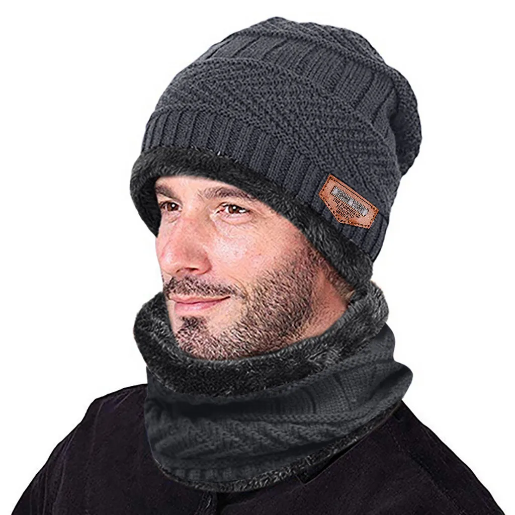 Мужская теплая шапка Skullies+ мягкий шарф, комплект из двух предметов, зимняя утолщенная шапка, Мужская ветрозащитная вязаная шапка, грелка для шеи# T5P