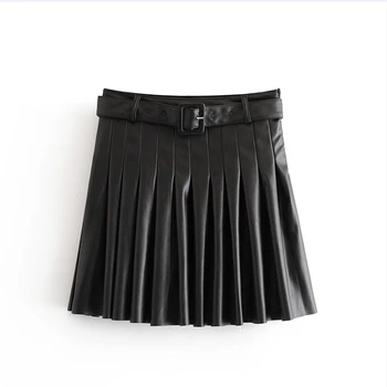 

New 2020 Euro Women PU Leather Black Pleated Mini skirt faldas mujer ladies retro side zipper buckle sashes chic skirts QUN580