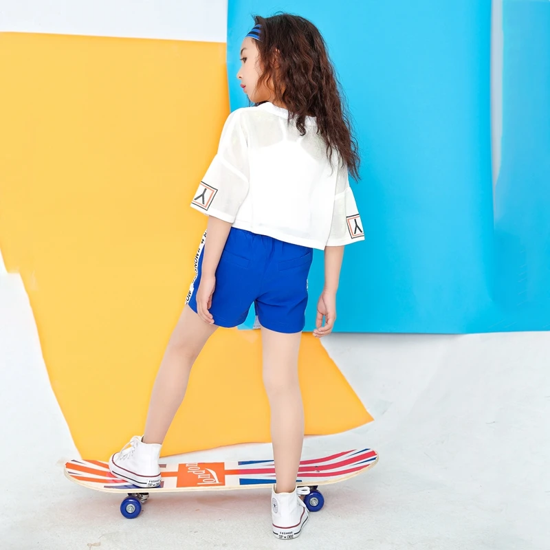 Children White Jazz Dance Costumes Girls Letter Crop Top Blue Shorts Dance Sets Hip Hop Modern Party Stage Outfits (16)