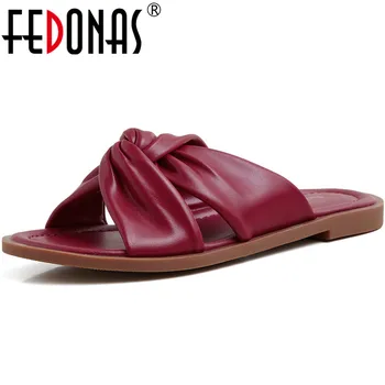 

FEDONAS Pleated Concise Genuine Leather Women Slippers Vintage Chunky Heels Sandals For Girls Summer Casual Fashion Shoes Woman