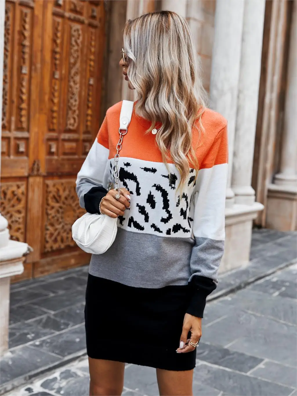 Chifirena Vintage Leopard Patchwork Sweater Dress Women O Neck Long Sleeve Winter Casual Robe Female Elegant Minie Vestidos