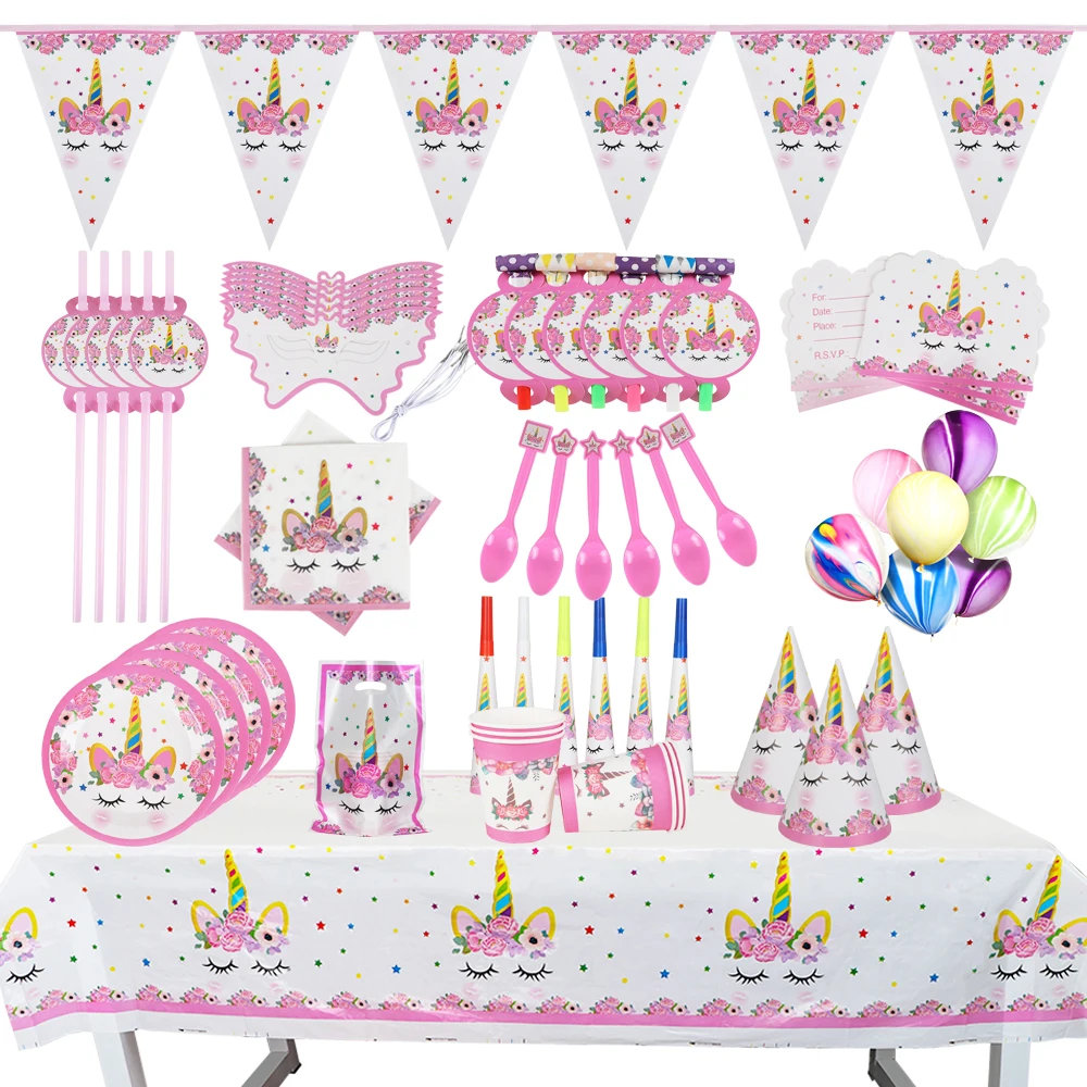 

Pink Unicorn Girls Birthday Decoration Party Balloon Disposable Cup Plate Gift Bags Tablecloth High Quality Tableware Dinner Set