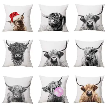 

18" Home Pillowcase Highland Cattle Printed Linen Sofa Living Room Seat Car Guestroom Art Decor Home Decoration Cushion Cover