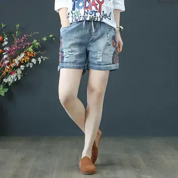 

Women Summer Casual loose Plus size M-3XL geometric Embroidery Holes Cotton Denim Shorts
