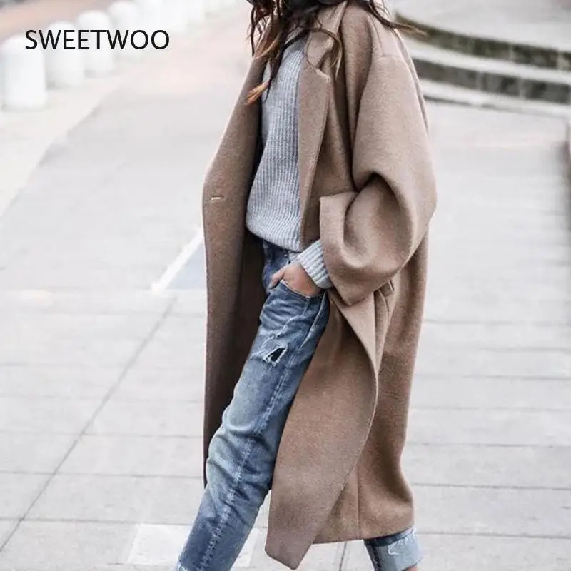 

Spring, Autumn and Winter Women's Solid Color Loose Long Coat Fashion Jacket Faux Wool Coat Cardigan Cardigan Jacket