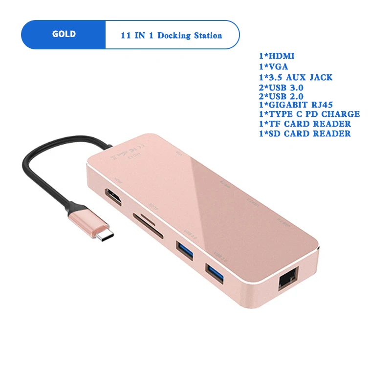 11 IN 1 HUB USB C HUB Type C To HDMI VGA RJ45 Multi Port Docking Station With 3.5mm Headphone Jack PD Charge 11 10 Port USB HUB - Цвет: 11 IN 1 Gold