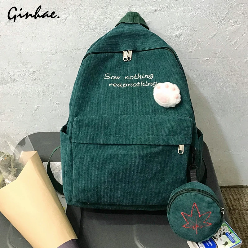 

2Pcs Women Cute Letter Embroidery Backpack Large Corduroy School Bags For Teenage Girls Fashion Daily Bookbags Mochila Feminina