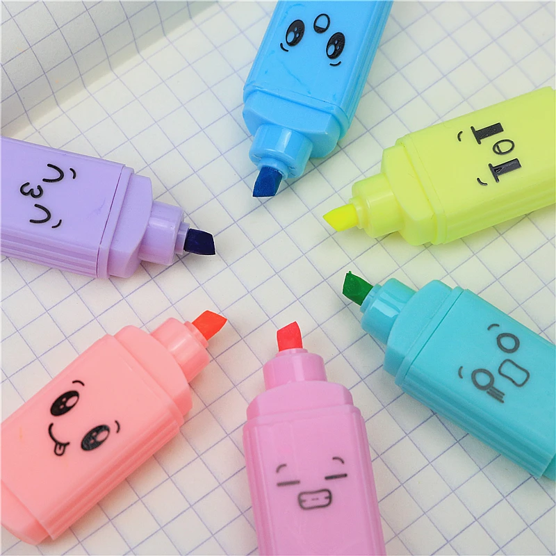 6-color cute face Highlighter Standard oblique tip Student notes key marker pen Children's drawing with colored pens