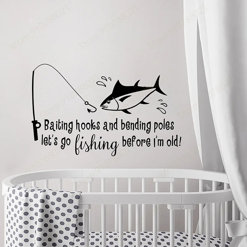 Baiting Hooks Bending Poles Lets Go Fishing Wall Decal Home Decor Boys Kids  Room Hunting Fishing Decoration Wall Stickers S518