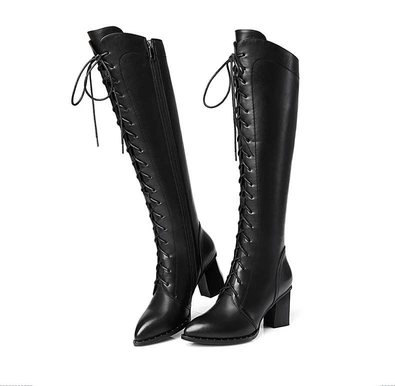 Full Grain Genuine Leather Handmade Cow Boots High Over The knee Black Shoes For Woman Short Plush Inside Zipper Med Heels