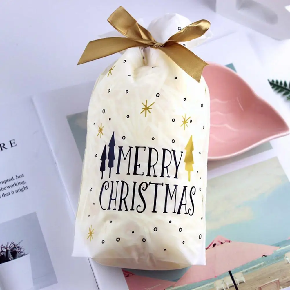 10Pcs Merry Christmas Rectangle Plastic Candy Bags With Ribbon Drawstring Letters Xmas Tree Printed Cookie Container Wedding