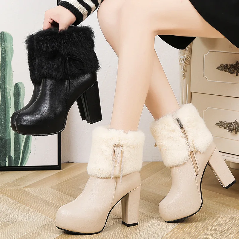 

Martin Boots Women's 2018 Autumn & Winter New Style Europe And America High Heel Boots Versatile Furry WOMEN'S Boots Chunky Heel