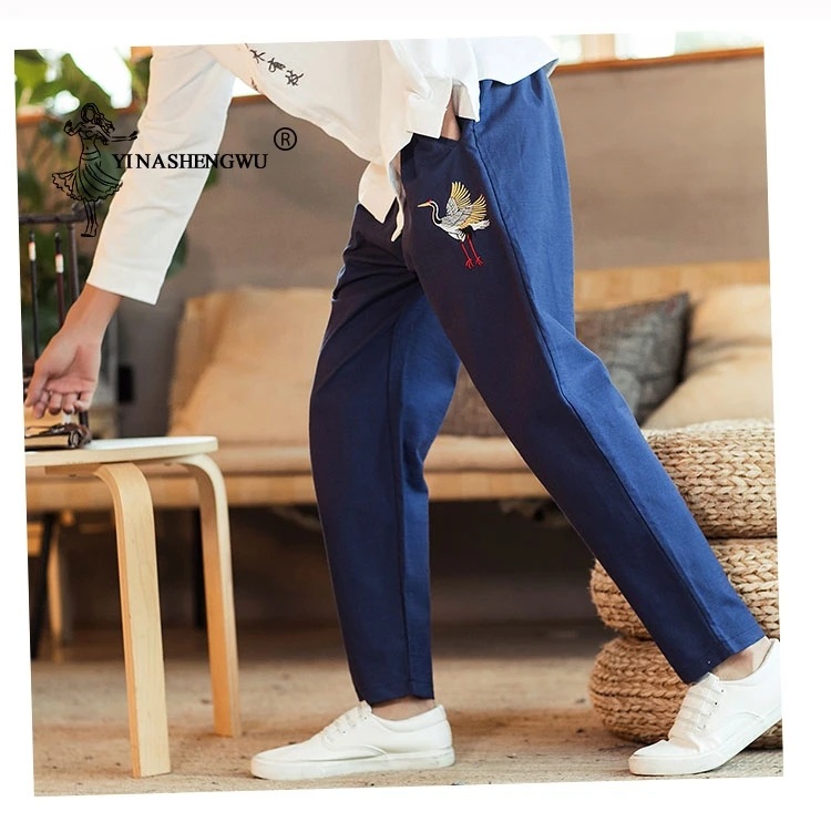 Японские штаны кран Вышивка печати мужские брюки повседневные свободные длинные брюки Азиатский костюм брюки-кимоно в японском стиле
