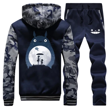 

Winter 2019 New Japan Cartoon Cute Totoro Sportswear Men Hooded Thick Suit Anime Print Sweatshirt Camouflage+Pants 2 Piece Set