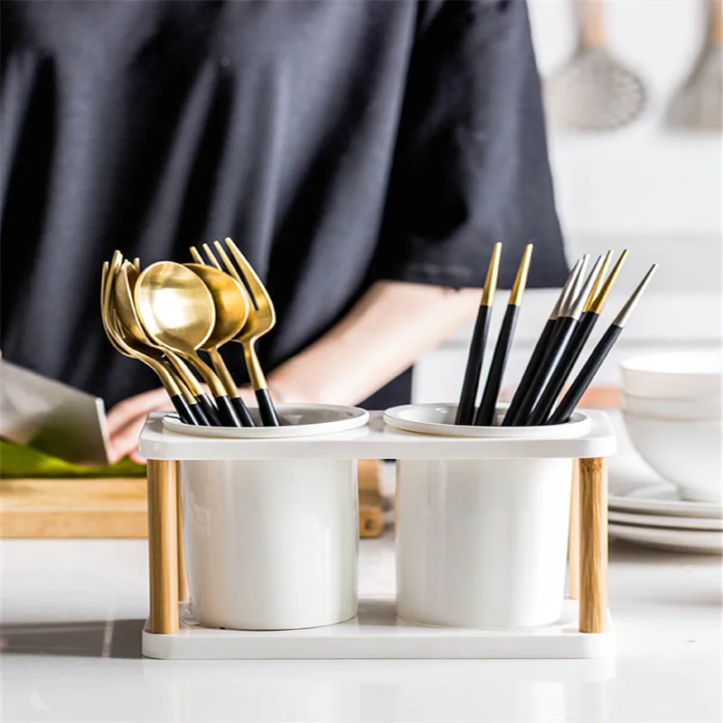 

Ceramic Chopsticks Tube Drain Rack Double Bamboo Chopstick Holder Storage Household Kitchen Tableware Wooden Storage Tube