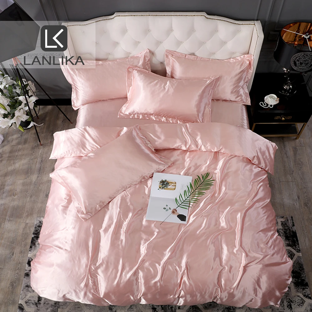 Lanlika Pink Solid Color Luxury Bedding Set 100% Silk Satin Euro Decor Home Bedspread Duevt Cover Set Pillowcase Flat Sheet Set