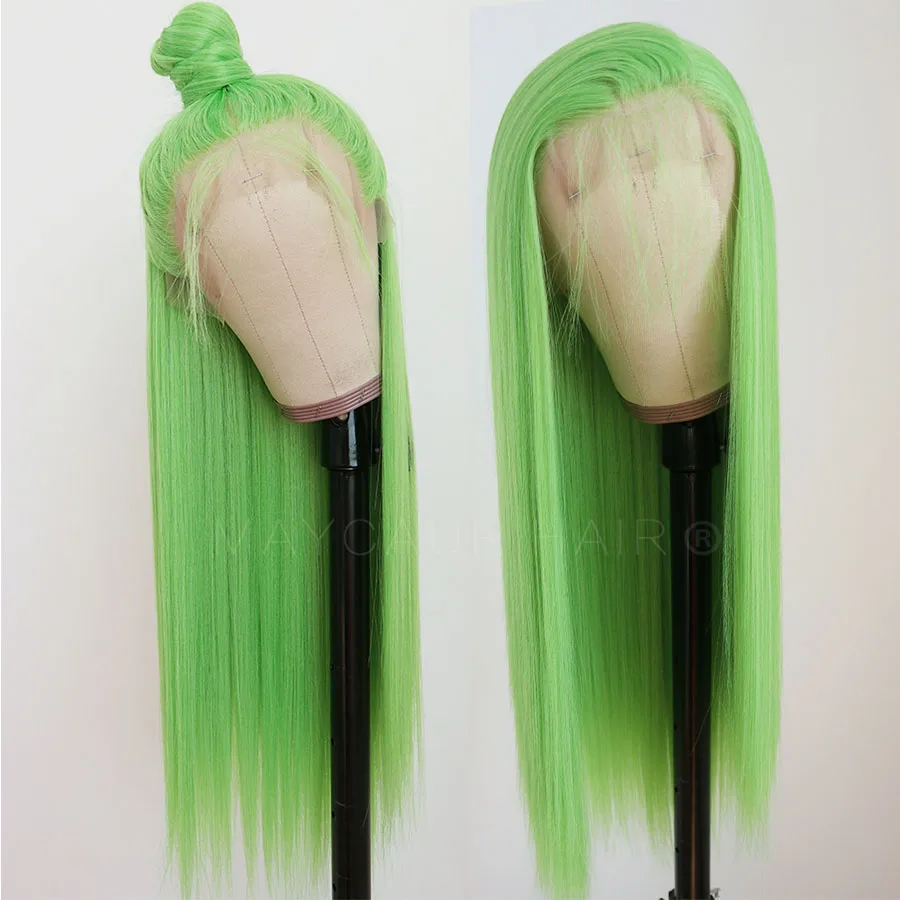 Maycaur Lace Front Wigs Long Straight Hair 22 Inch Lime Green Color Wigs for Fahison Women Synthetic Lace Front Wig (2)