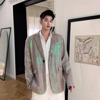 

EWQ / men's and women's wear Design 2020 spring new Lattice Light Paillette Suit streetwear fashion long sleeve Sequins blazers