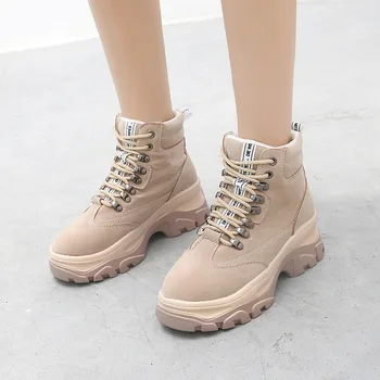 

Women Ankle Boots Shoes Thick Bottom Lace Up Flock Woman Motorcycle Boots Female Sewing Solid Flat Platform Ladies Shoes Fashion