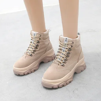 Women Thick Bottom Lace Up Flock Ankle Boots Woman Shoes Motorcycle Boots Female Sewing Solid Flat Platform Ladies Shoes Fashion tanie i dobre opinie MCCKLE HFD2149 Flat with Basic Short Plush Round Toe Winter Rubber Med (3cm-5cm) 0-3cm Lace-Up Fits true to size take your normal size