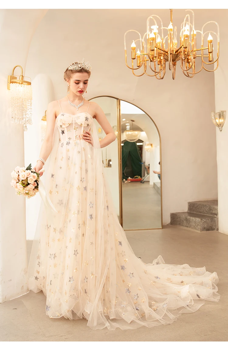 SSYFashion Новые Романтические Выпускные платья для банкета, цвета шампанского, со звездами, со шлейфом, Длинные Формальные вечерние платья, Vestidos De Noche
