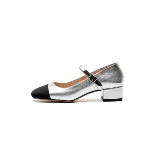 runway genuine leather block pumps size 4 34 thick fashion shoes brand chunky medium heels women 33 european square toe - Цвет: Серебристый