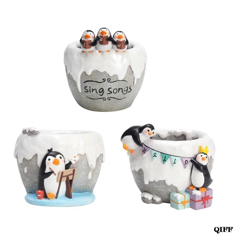 Penguin Cartoon Painting Resin Flower Pot Plant Container Home