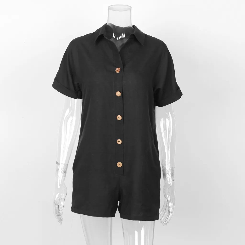 Сплошной VoguePlaysuit женский модный отложной воротник комбинезон для женщин однобортный короткий рукав комбинезон женский s комбинезон - Цвет: Black