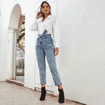 

fashion denim pants women blue bowknot belt cargo long big pockets casual trousers jeans female