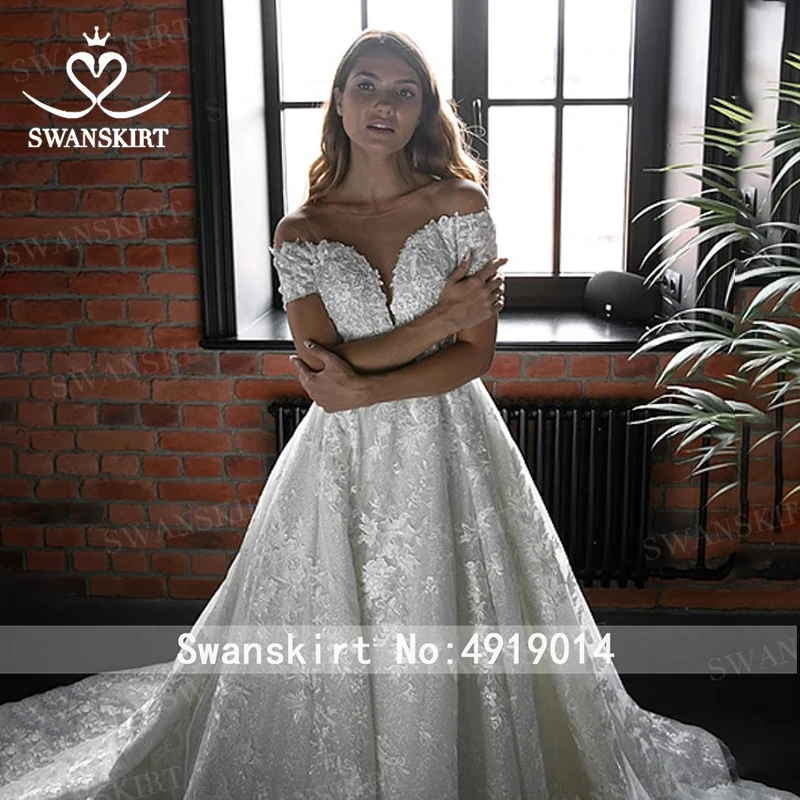 Потрясающие аппликации свадебное платье Swanskirt HZ24 с открытыми плечами A-Line блесток кружева принцесса свадебные платья под заказ Vestido de novia