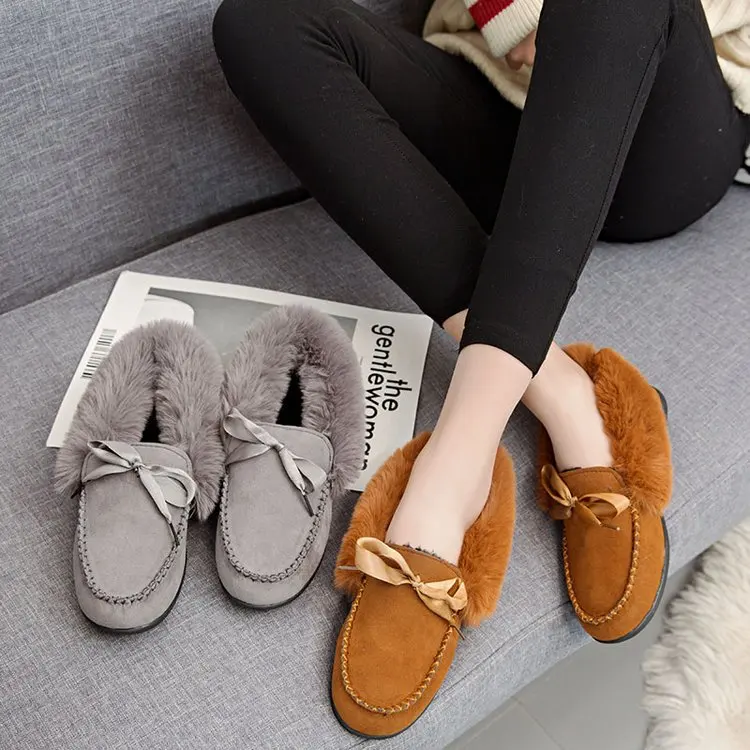 

Round Toe Fashion Winter Women Fur Loafers Plush Slip on Flock Butterfly-knot Warm Flats Shoes Solid Casual Women Shoes