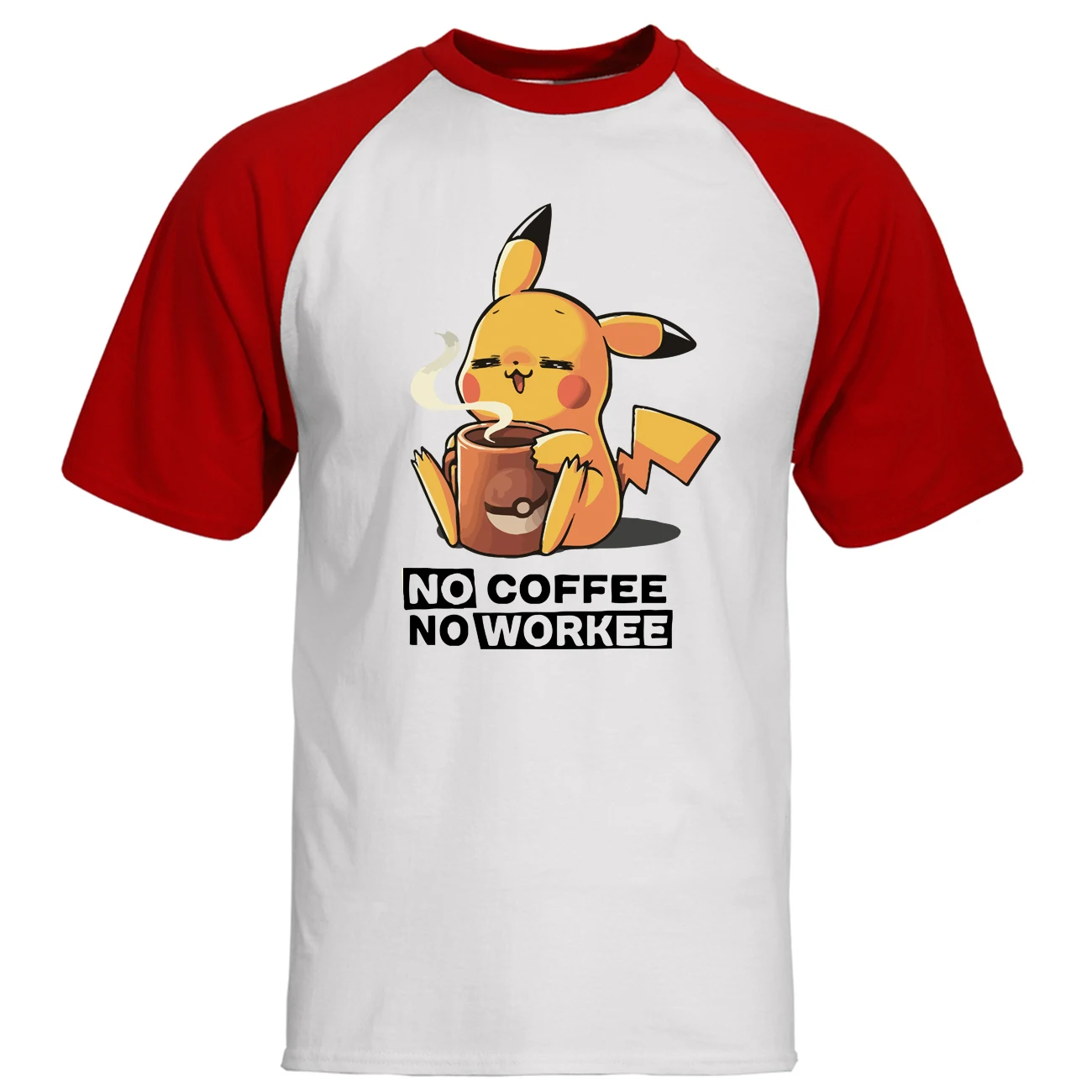 Pikachu No coffee No Workee, Мужская Футболка реглан, Kawaii, летние топы из хлопка с коротким рукавом, свободные милые футболки с японским аниме - Цвет: Red White 6