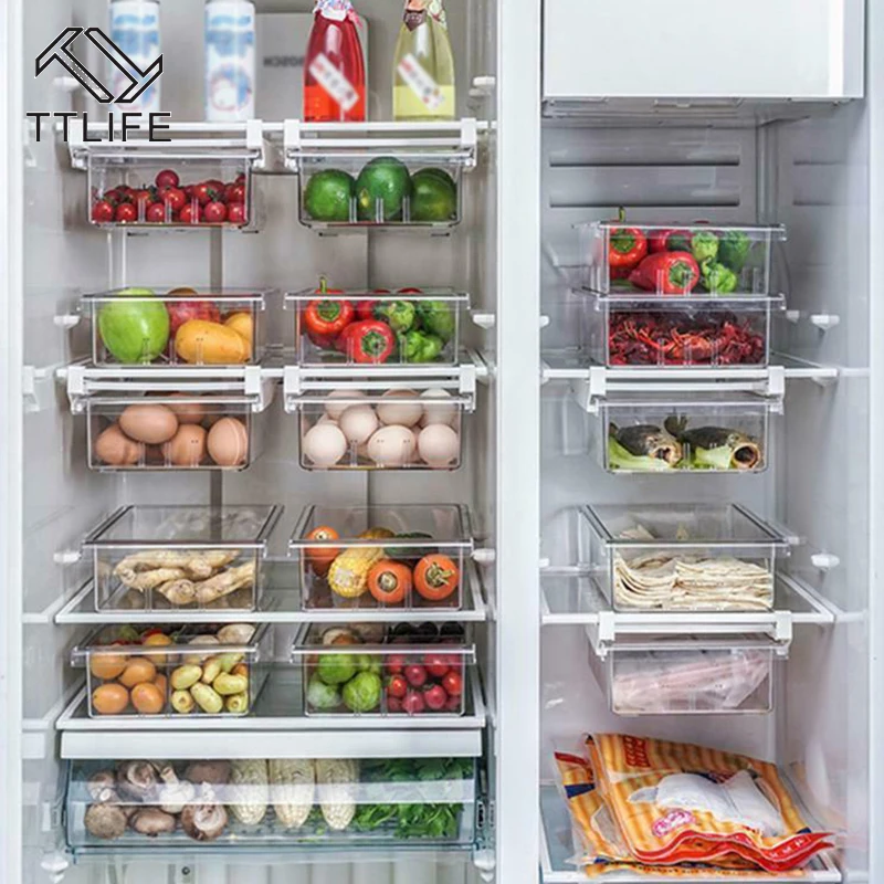 

2021 Refrigerator Organizer 1/4/8 Grid Transparent Rectangle Fresh Spacer Layer Fridge Storage Bin Containers For Food Vegetable