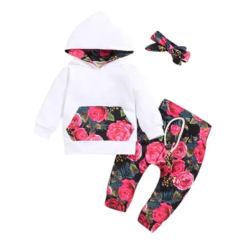 

Baby's Sets Three Piece Flower Print Hooded Long Sleeve Sweater Pants Hair Strap Baby Flower Pattern Set New Arrival