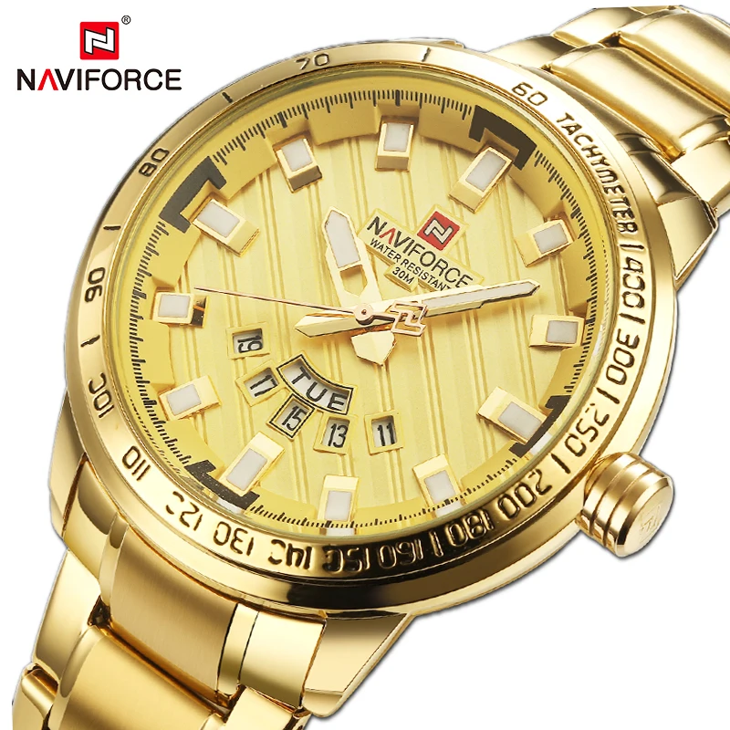 NAVIFORCE люксовый бренд мужские спортивные водонепроницаемые золотые наручные часы