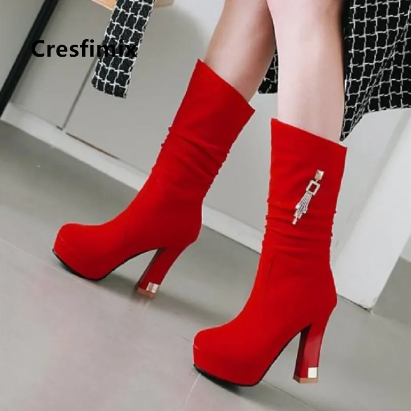 Cresfimix Bottes Femmes/женские классические ботинки до середины икры высокого качества; сезон осень; Цвет Черный; красивые удобные женские вечерние ботинки красного цвета; C6061