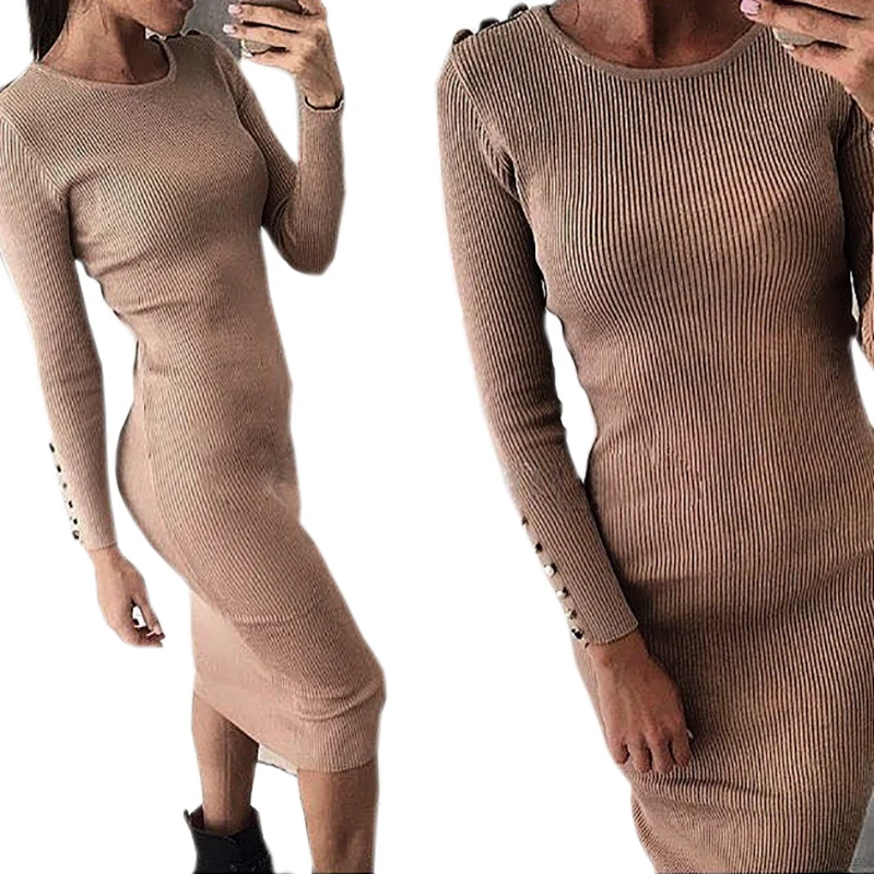 

Women Bodycon Dress Women Sexy Solid Long Sleeve Buttons Knitted Midi Dress Package Hip Bodycon Red Dress New Plus Size
