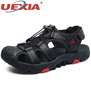 

UEXIA 2019 New Handmade Outdoor Men Summer Sandals Leather Fashion Casual Beach Shoes Man Roman Style Beach Flats Size 38-46