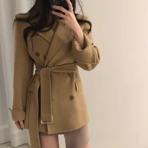 thicken khaki Neploe Женское шерстяное пальто длинный рукав средней длины жакет с разрезом осень зима на шнуровке двубортное плотное пальто 54625 - Цвет: thicken khaki