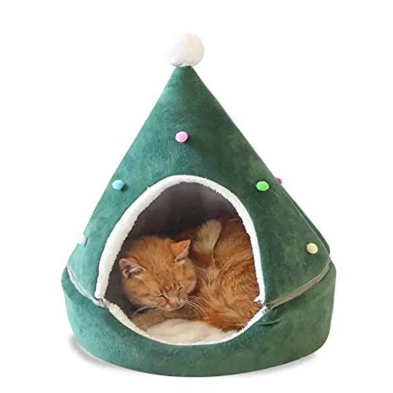 Soft Kitten Pet Cave Bed Christmas Tree Shape Semi Closed Pet Nest Warm House U90A